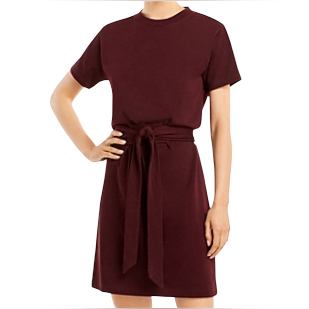 Vince Tie Waist Short Sleeve Cotton Dress in Oxblood/Burgundy Size S